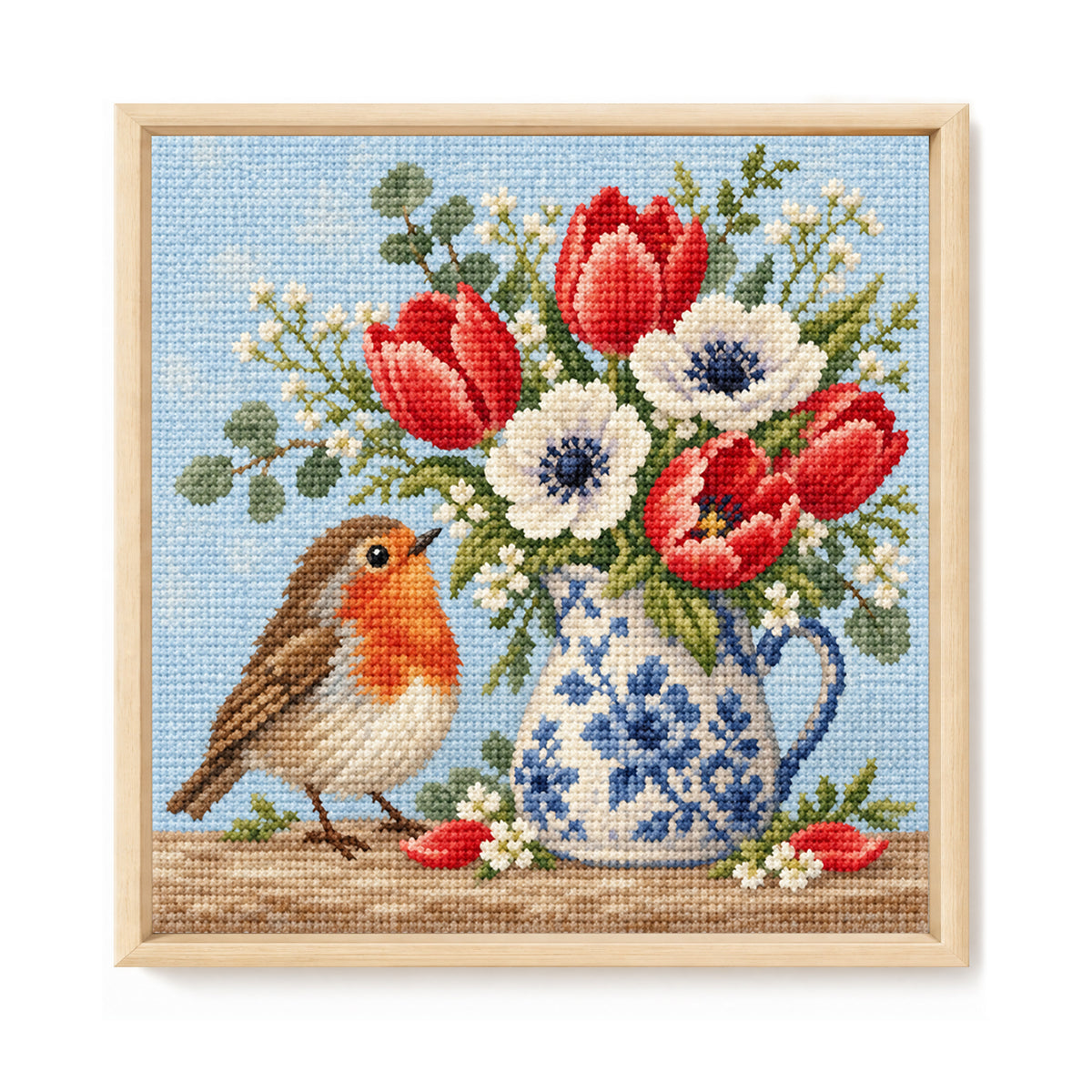 Robin Florals-Bird – Vollständiges 14CT-Stempel-Kreuzstichset 30x30CM – Huacan