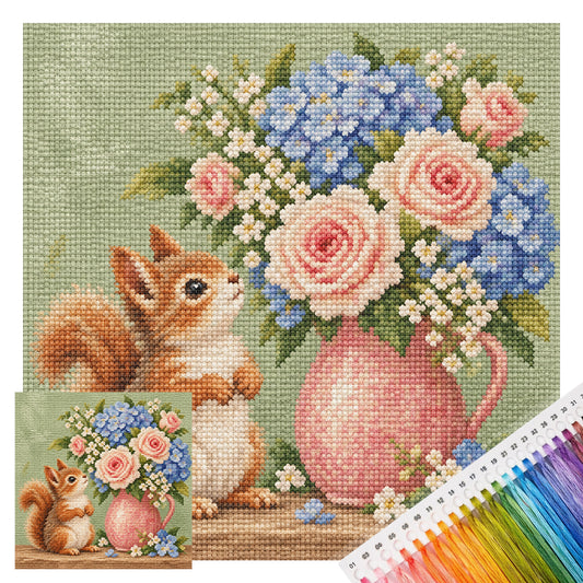 Eichhörnchen Rosen - Komplettes 14CT gestempeltes Kreuzstich-Set 30x30CM - Huacan
