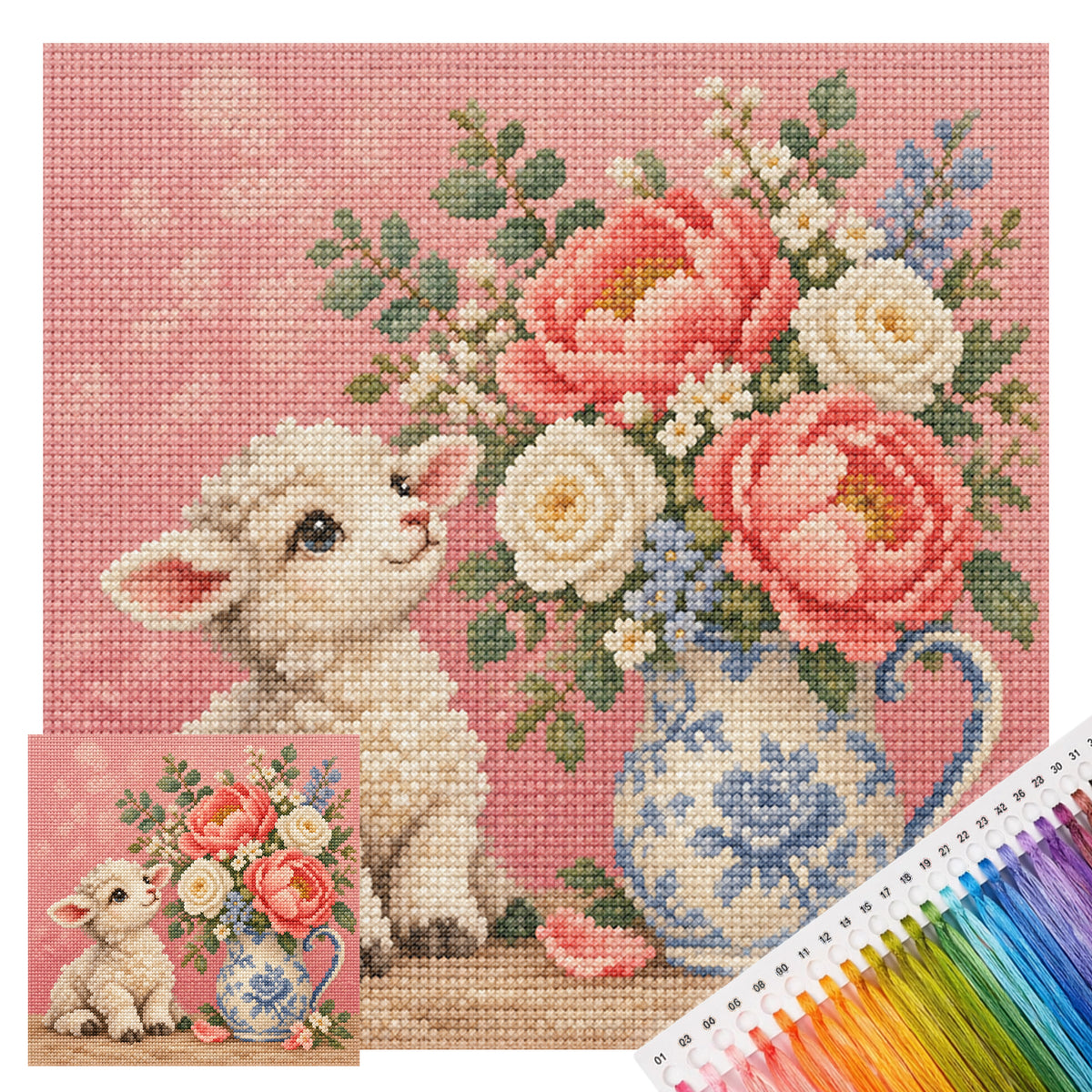 Lamm-Pfingstrosen - Komplettes 14CT gestempeltes Kreuzstich-Set 30x30CM - Huacan