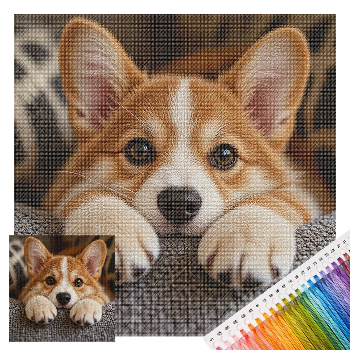 Corgi-Welpe – Vollständiges 14CT-Stempel-Kreuzstichset 30x30 cm – Huacan