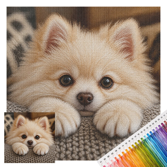 Pomeranian-Welpe – Vollständiges 14CT gestempeltes Kreuzstich-Set 30x30CM – Huacan