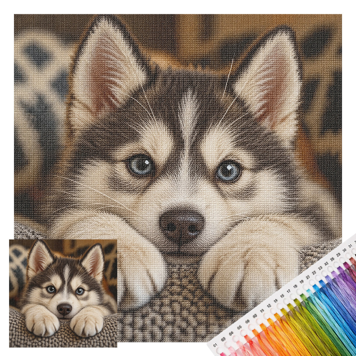 Husky-Welpe – Vollständiges 14CT-Stempel-Kreuzstichset 30x30CM – Huacan