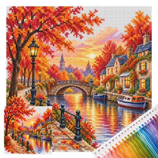 Herbst am Flussufer – Vollständiges 14CT gestempeltes Kreuzstich-Set 30x30CM – Huacan