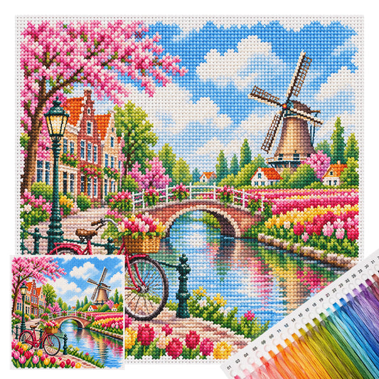 Windmühlen-Weiler - Komplettes 14CT gestempeltes Kreuzstich-Set 30x30CM - Huacan