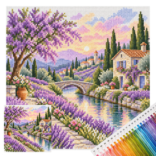 Lavendeltal – Vollständiges 14CT gestempeltes Kreuzstich-Set 30x30CM – Huacan