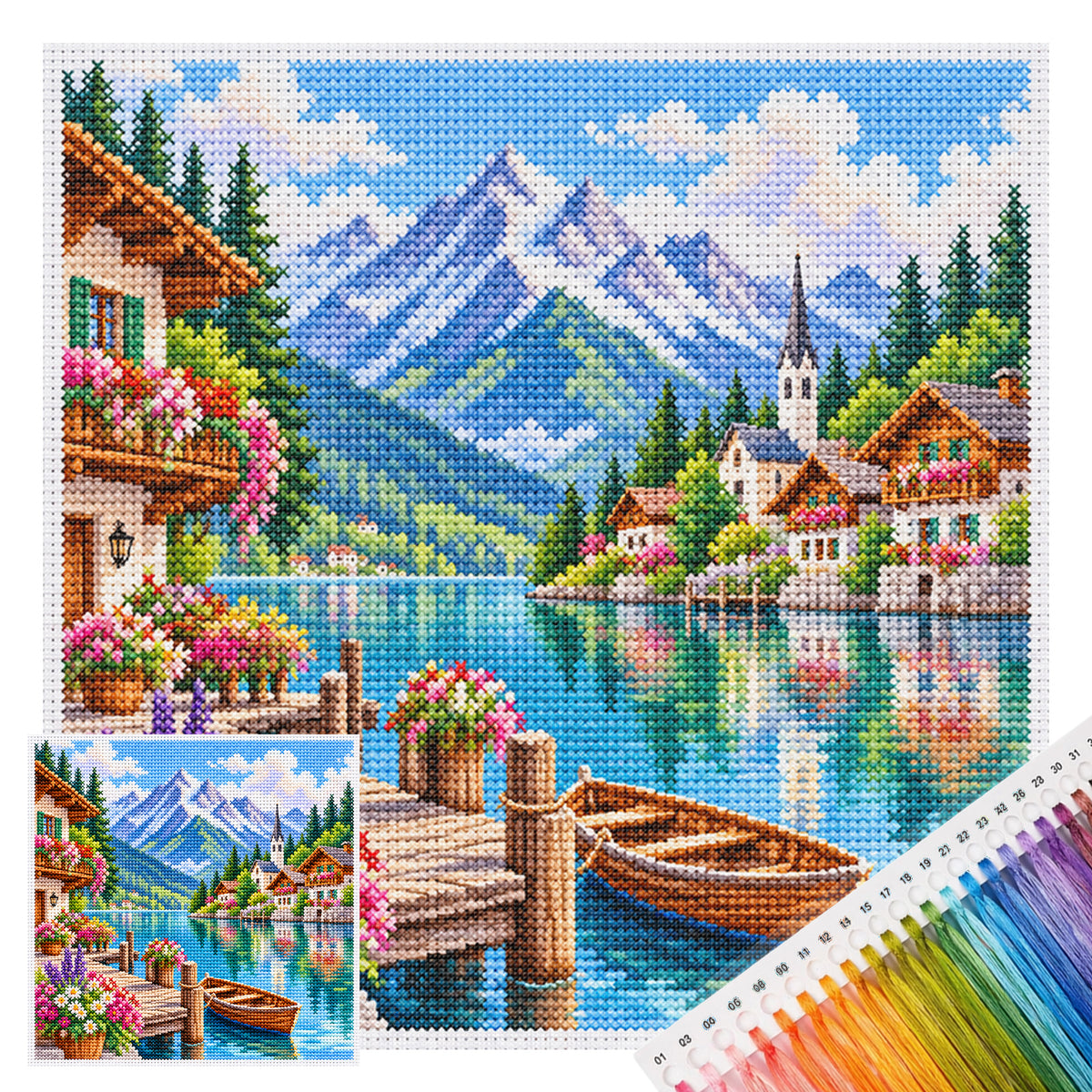 Mountain Lakeside - Vollständiges 14CT gestempeltes Kreuzstich-Set 30x30CM - Huacan