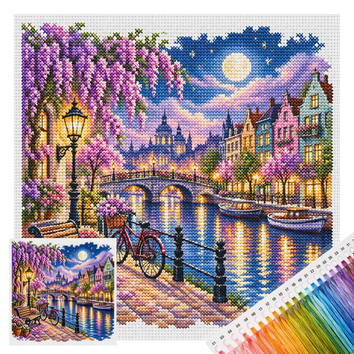 Moonlit Canal - Full 14CT Stamped Cross Stitch 30x30CM - Huacan