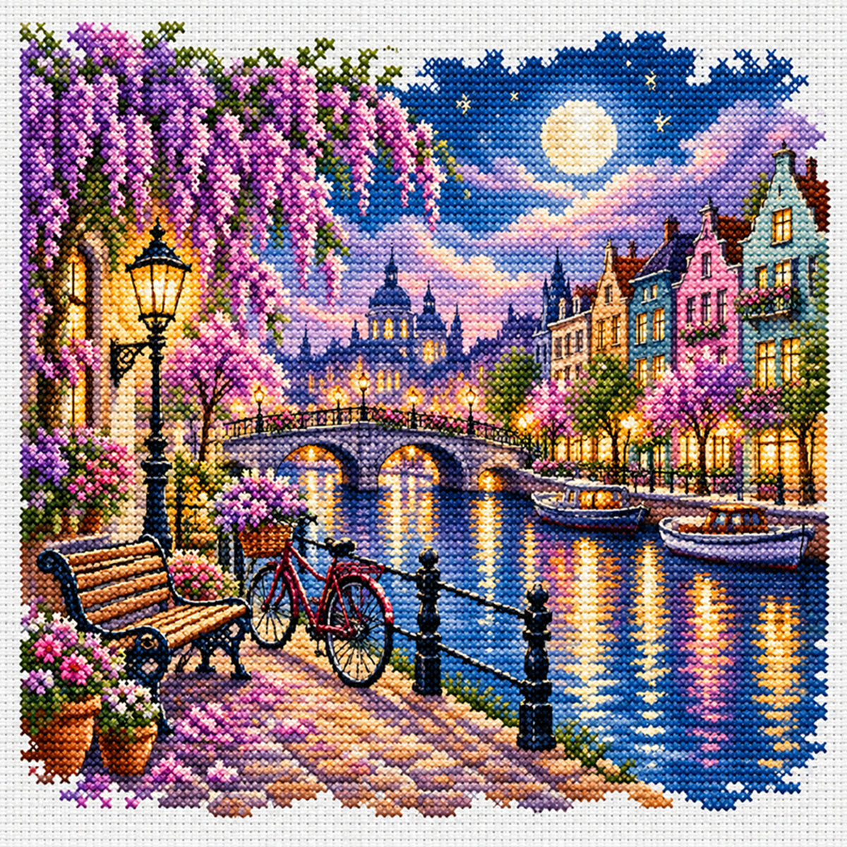 Moonlit Canal - Full 14CT Stamped Cross Stitch 30x30CM - Huacan