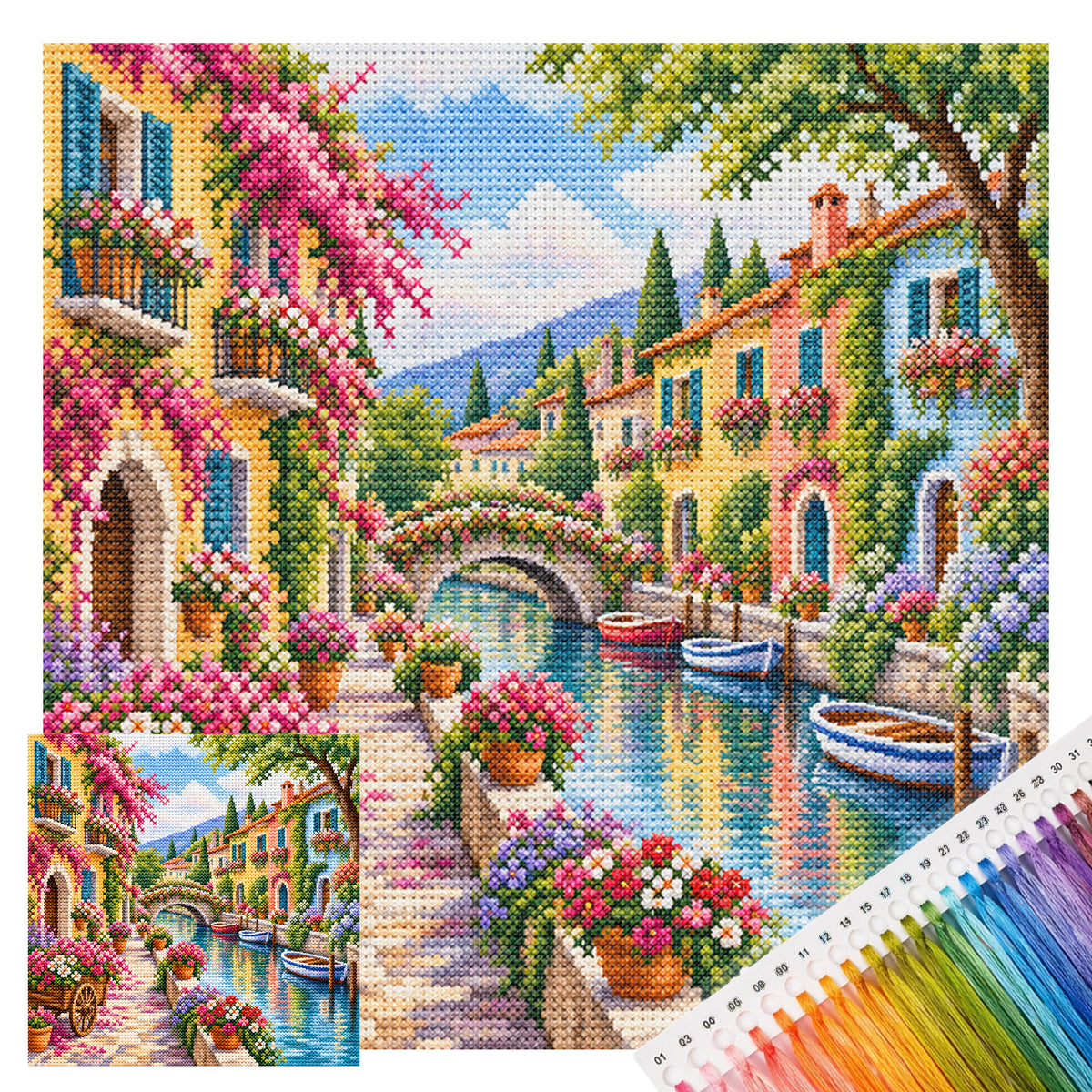 Floral Lane – Vollständiges 14CT gestempeltes Kreuzstich-Set 30x30CM – Huacan