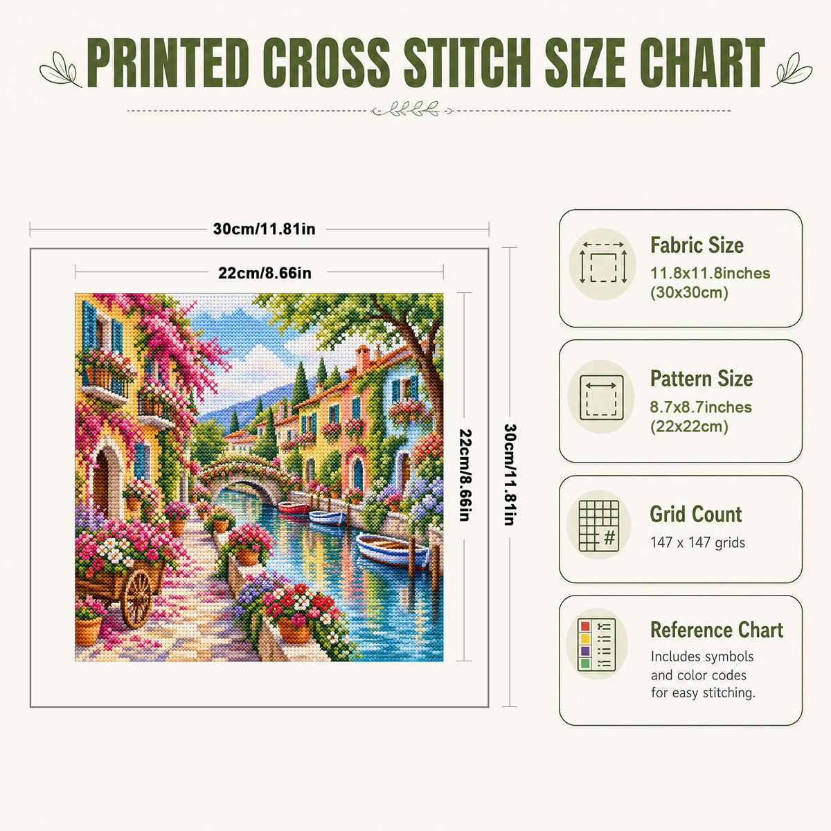 Floral Lane – Vollständiges 14CT gestempeltes Kreuzstich-Set 30x30CM – Huacan