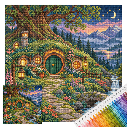 Hobbit-Rückzugsort – Vollständiges 14CT-Stempel-Kreuzstich-Set 50x50 cm – Huacan