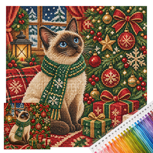 Weihnachts-Siamesenkatze – Vollständiges 14CT gestempeltes Kreuzstichset 40x40cm – Huacan