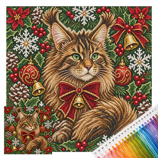 Maine-Coon-Katze - Vollständiges 14CT gestanztes Kreuzstich-Set 40x40 cm - Huacan