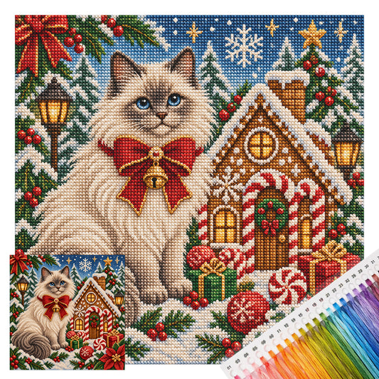 Weihnachts-Ragdoll-Katze – Vollständiges 14CT gestempeltes Kreuzstich-Set 40x40CM – Huacan