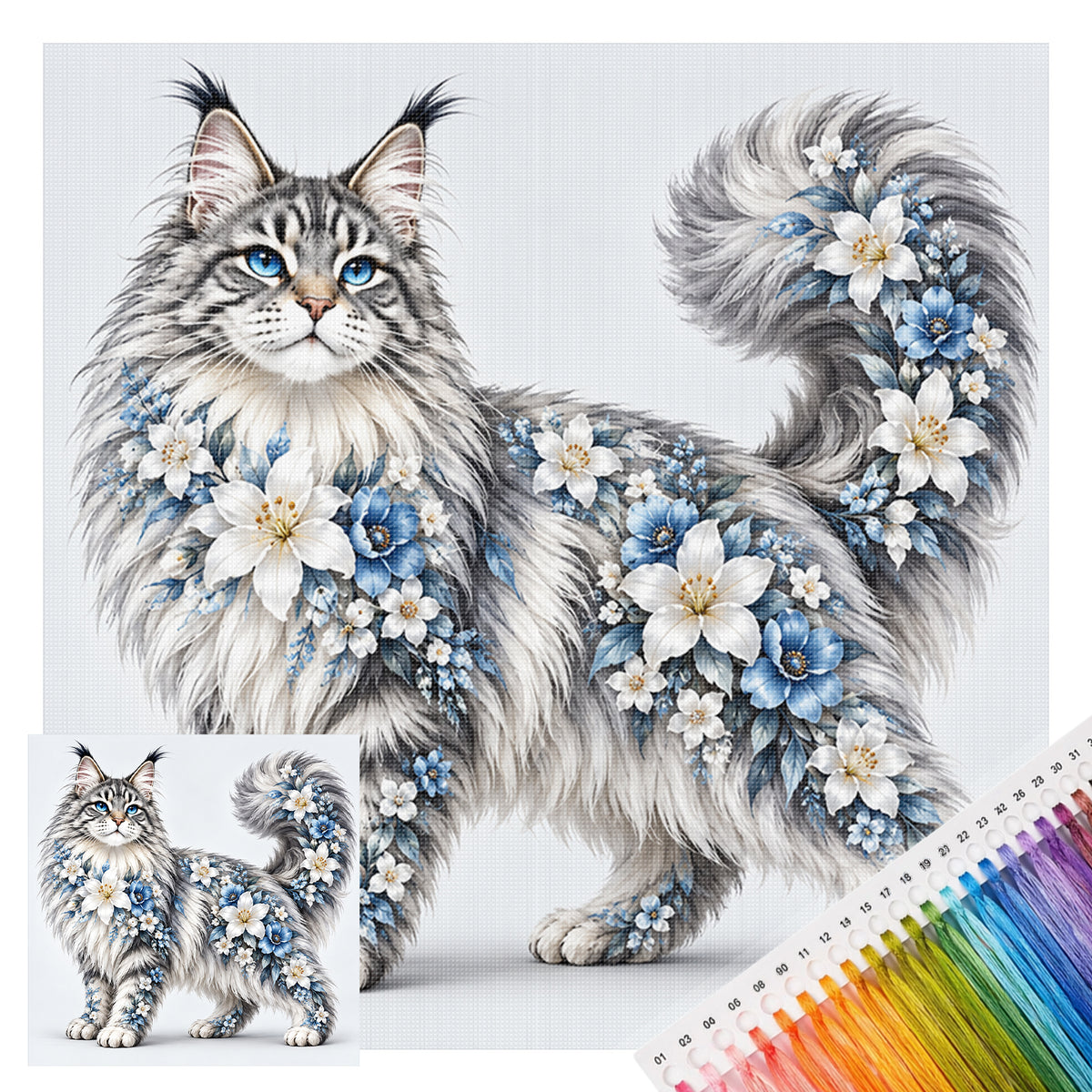 Blumige Maine-Coon-Katze - Vollständiges 14CT gestempeltes Kreuzstich-Set 40x40CM - Huacan