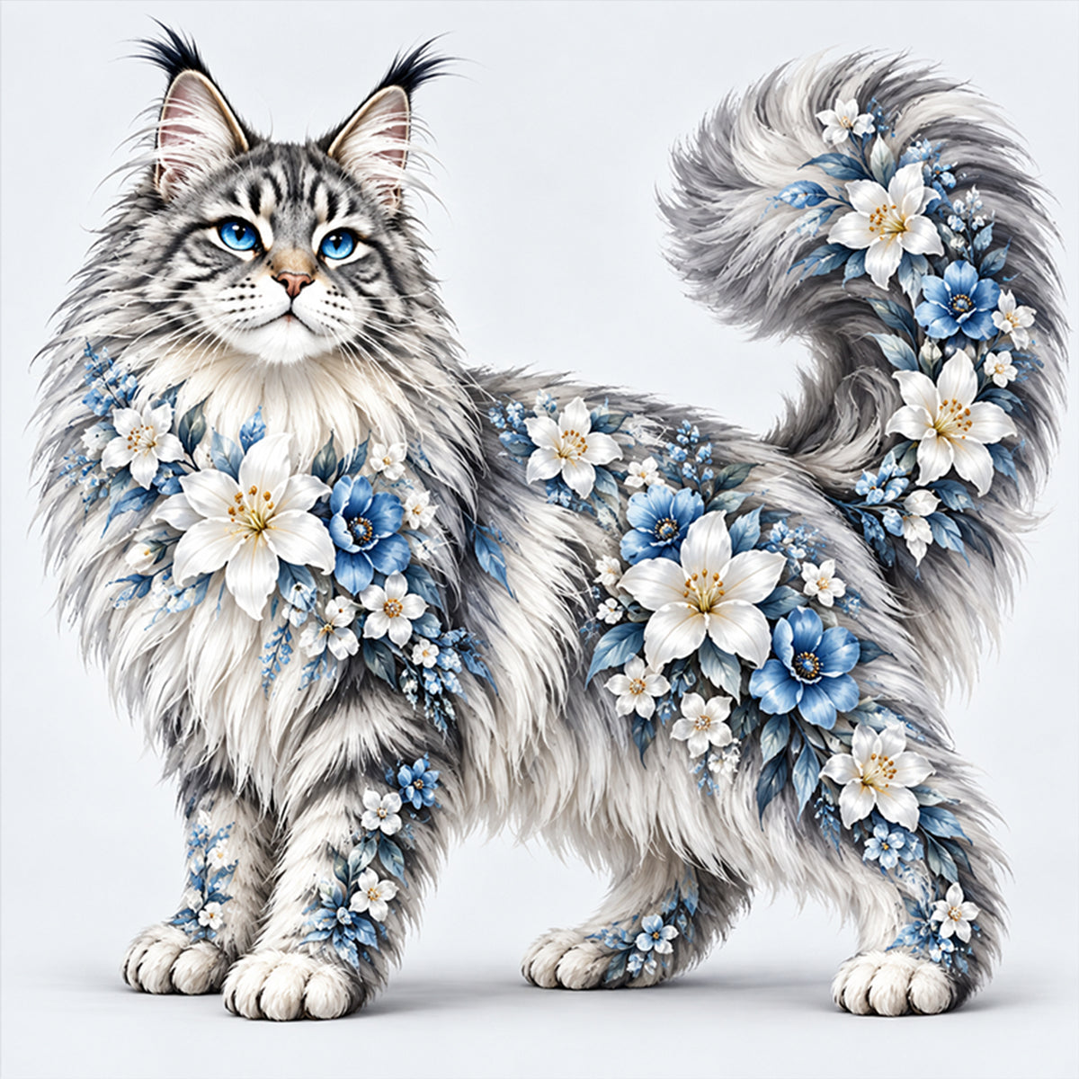 Blumige Maine-Coon-Katze - Vollständiges 14CT gestempeltes Kreuzstich-Set 40x40CM - Huacan