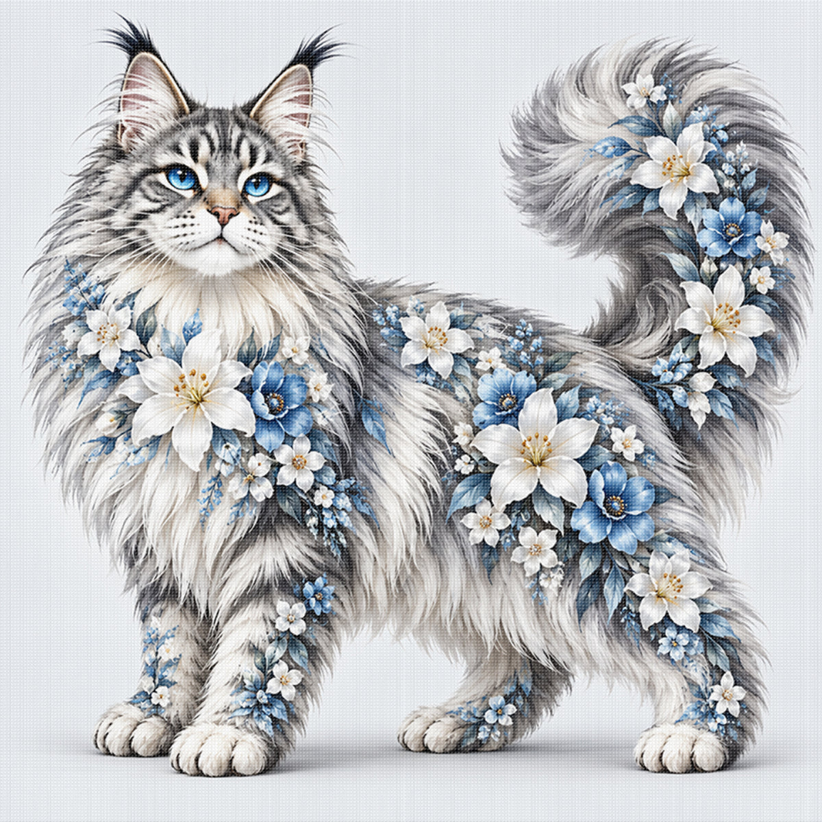 Blumige Maine-Coon-Katze - Vollständiges 14CT gestempeltes Kreuzstich-Set 40x40CM - Huacan