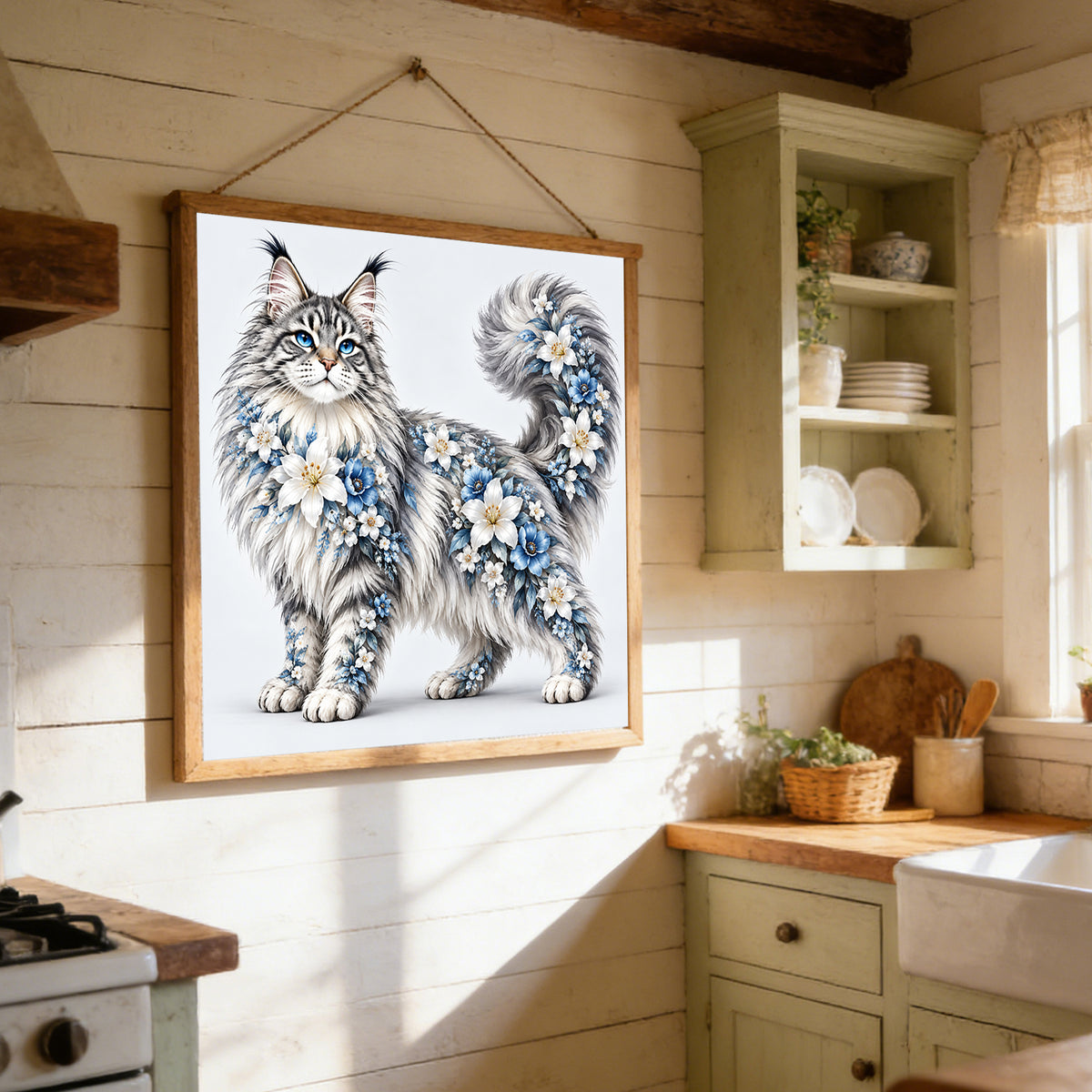 Blumige Maine-Coon-Katze - Vollständiges 14CT gestempeltes Kreuzstich-Set 40x40CM - Huacan