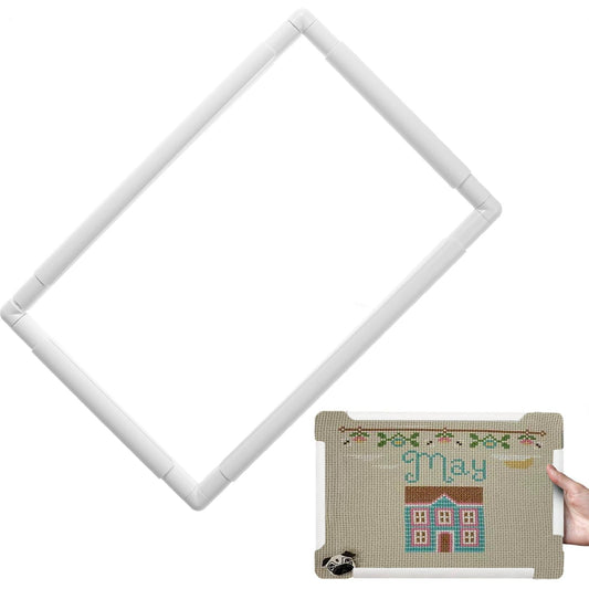 Cross Stitch Clip White Square Frame 17x11 Inches | Easy Assemble Sewing Holder for Embroidery Needlework
