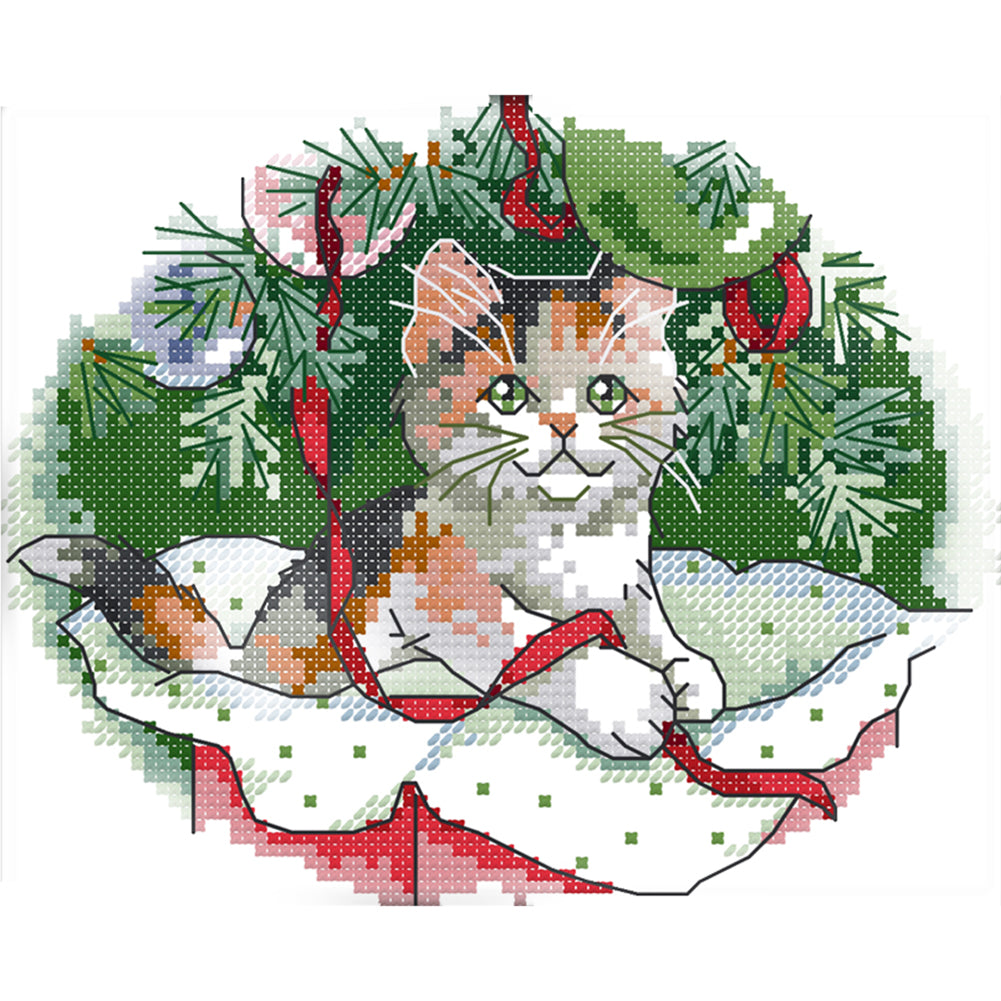 Christmas Cat - 14CT Stamped Cross Stitch 20x17CM - Joy Sunday