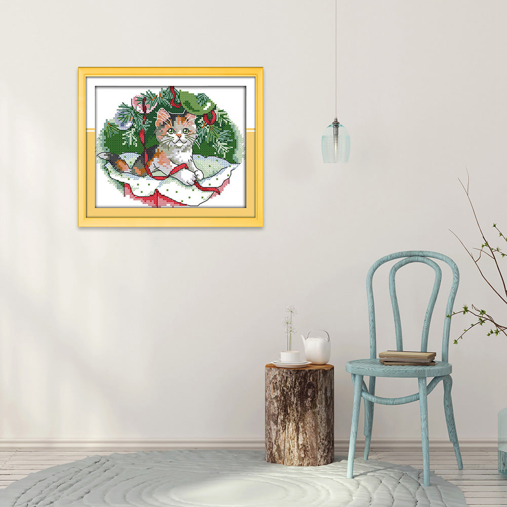 Christmas Cat - 14CT Stamped Cross Stitch 20x17CM - Joy Sunday
