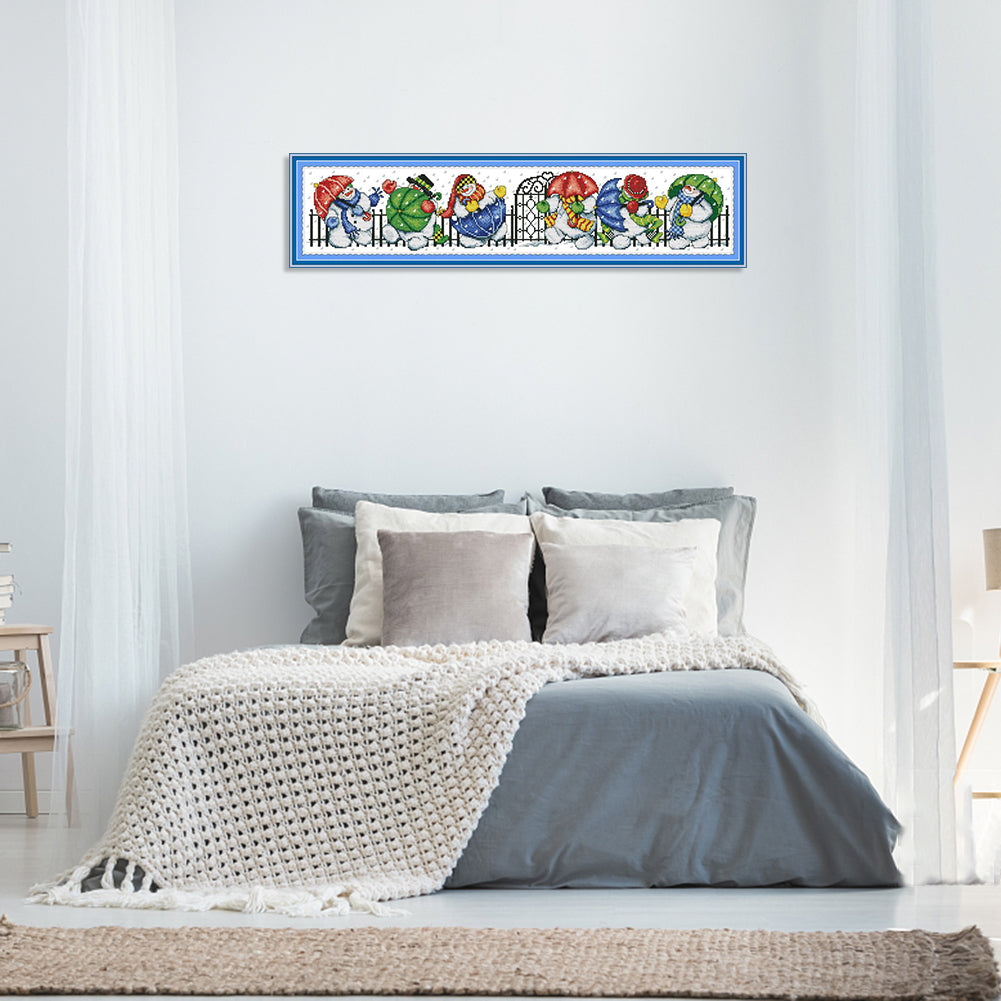 Snowman With Umbrella - 14CT Stamped Cross Stitch 68x16CM - Joy Sunday