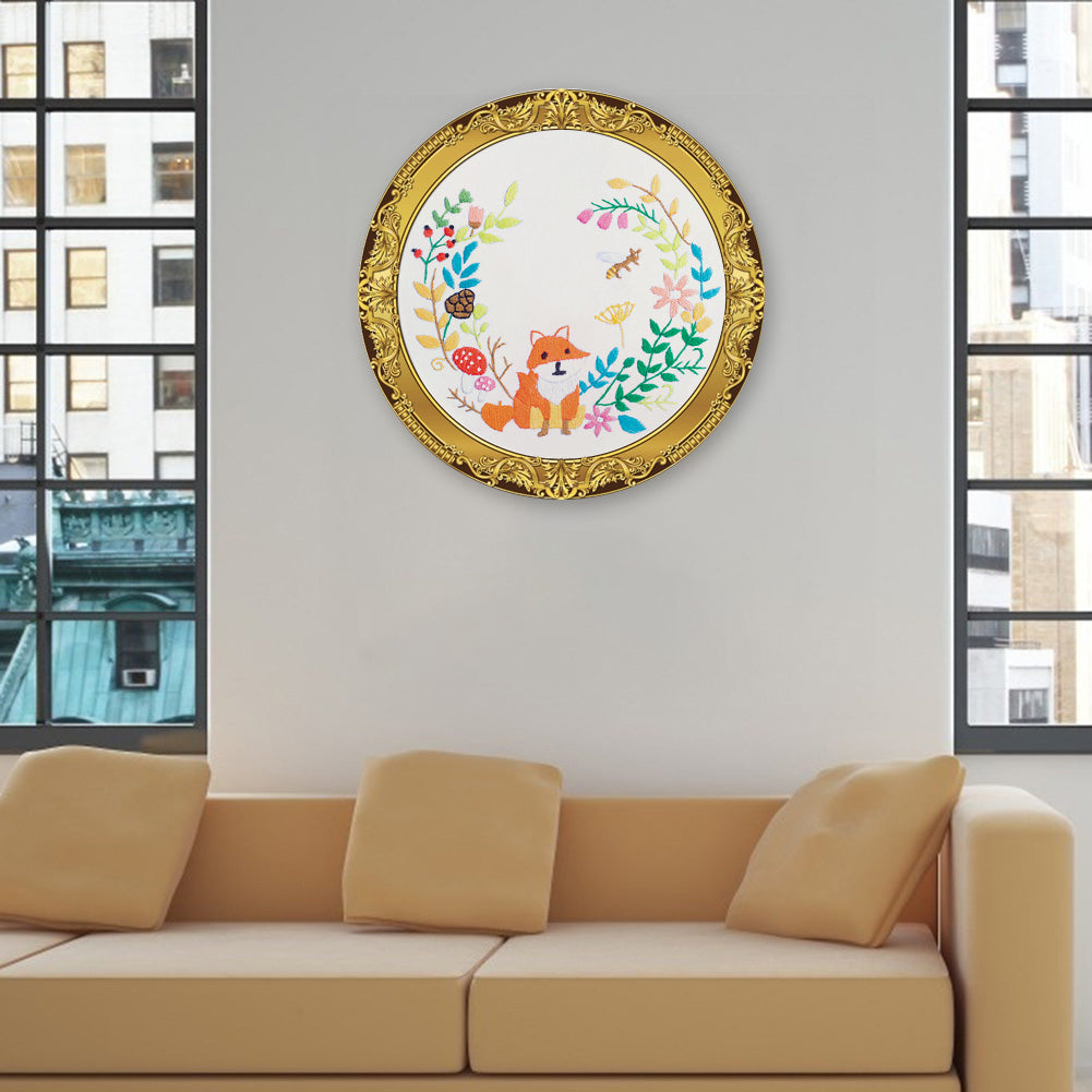Little Fox - DIY Embroidery Cross Stitch Kit with Pattern Cotton Threads Needles Hoop 30x30CM/11.81x11.81in