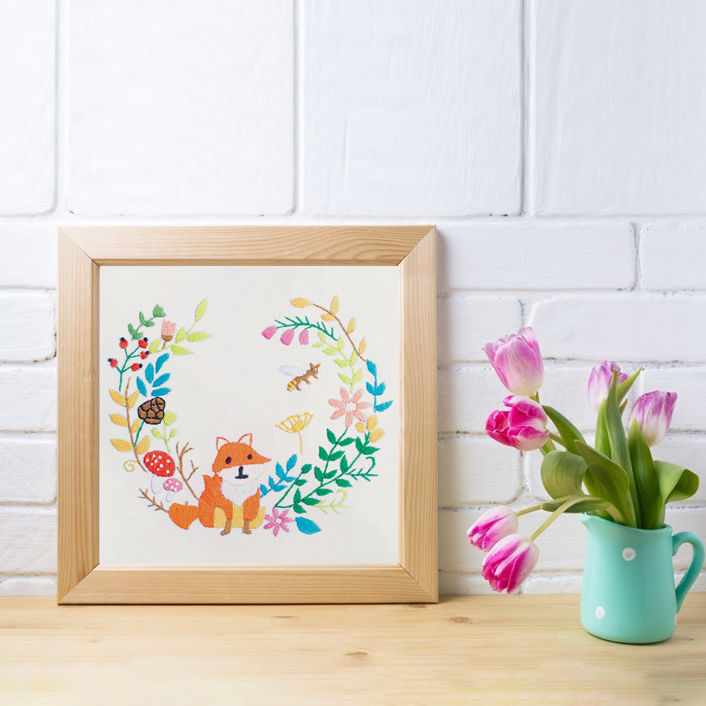 Little Fox - DIY Embroidery Cross Stitch Kit with Pattern Cotton Threads Needles Hoop 30x30CM/11.81x11.81in