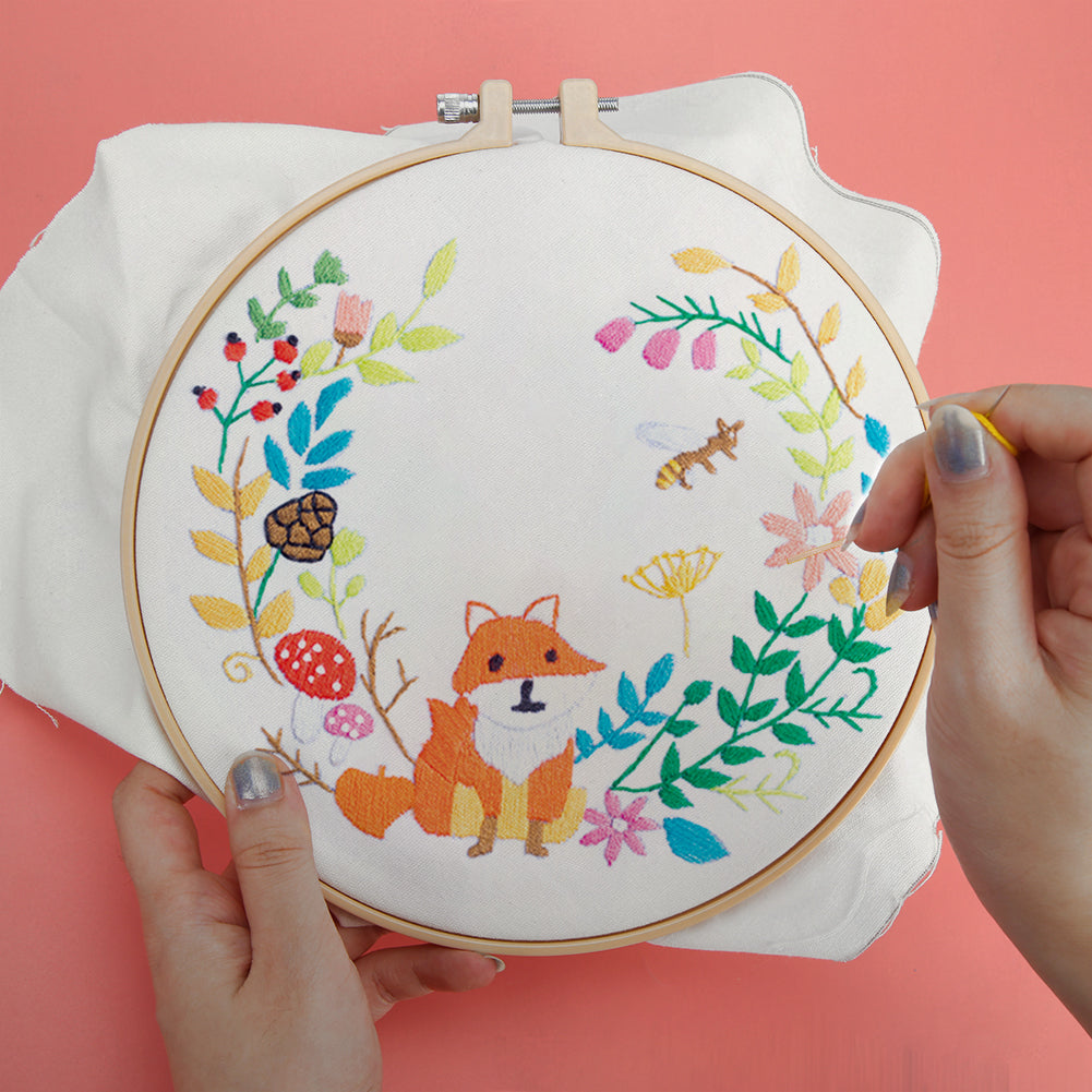 Little Fox - DIY Embroidery Cross Stitch Kit with Pattern Cotton Threads Needles Hoop 30x30CM/11.81x11.81in