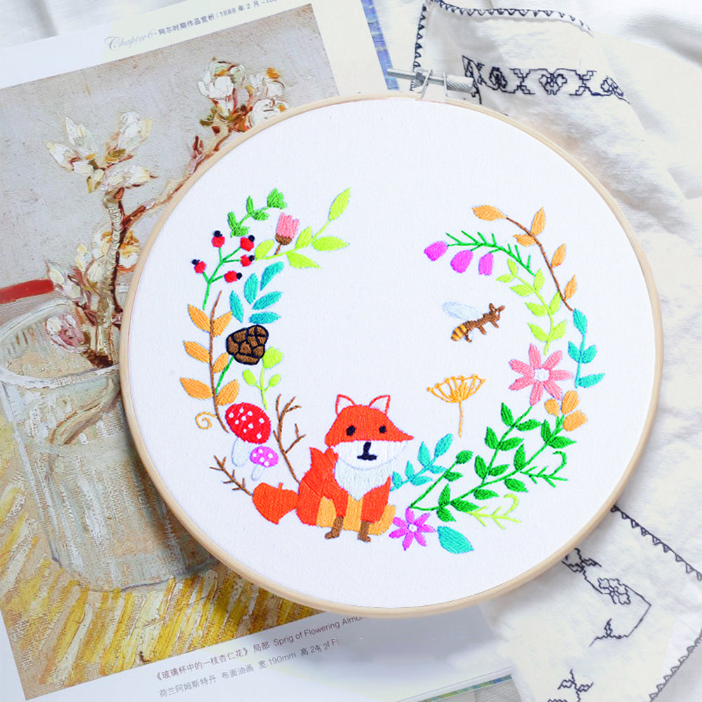 Little Fox - DIY Embroidery Cross Stitch Kit with Pattern Cotton Threads Needles Hoop 30x30CM/11.81x11.81in