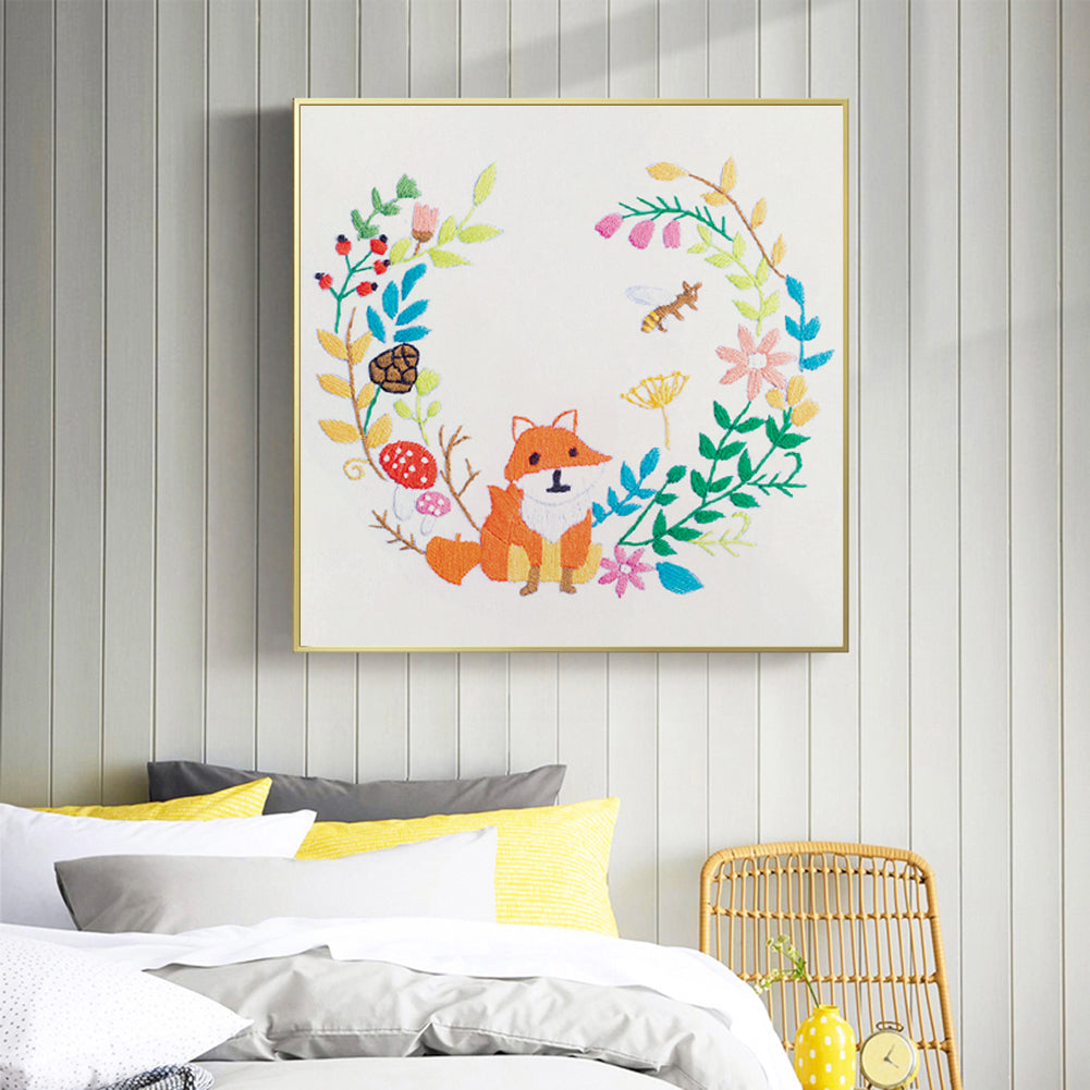 Little Fox - DIY Embroidery Cross Stitch Kit with Pattern Cotton Threads Needles Hoop 30x30CM/11.81x11.81in