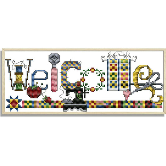 Sewing Machine Welcome Sign - 14CT Stamped Cross Stitch 31x14CM - Joy Sunday