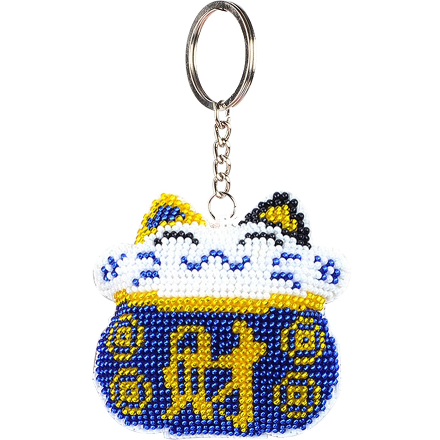 Cross Stitch Key Chain Fortune Cat Embroidery Bead Bag Pendant Handwork (Blue)