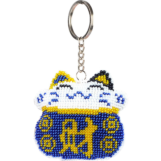 Cross Stitch Key Chain Fortune Cat Embroidery Bead Bag Pendant Handwork (Blue)