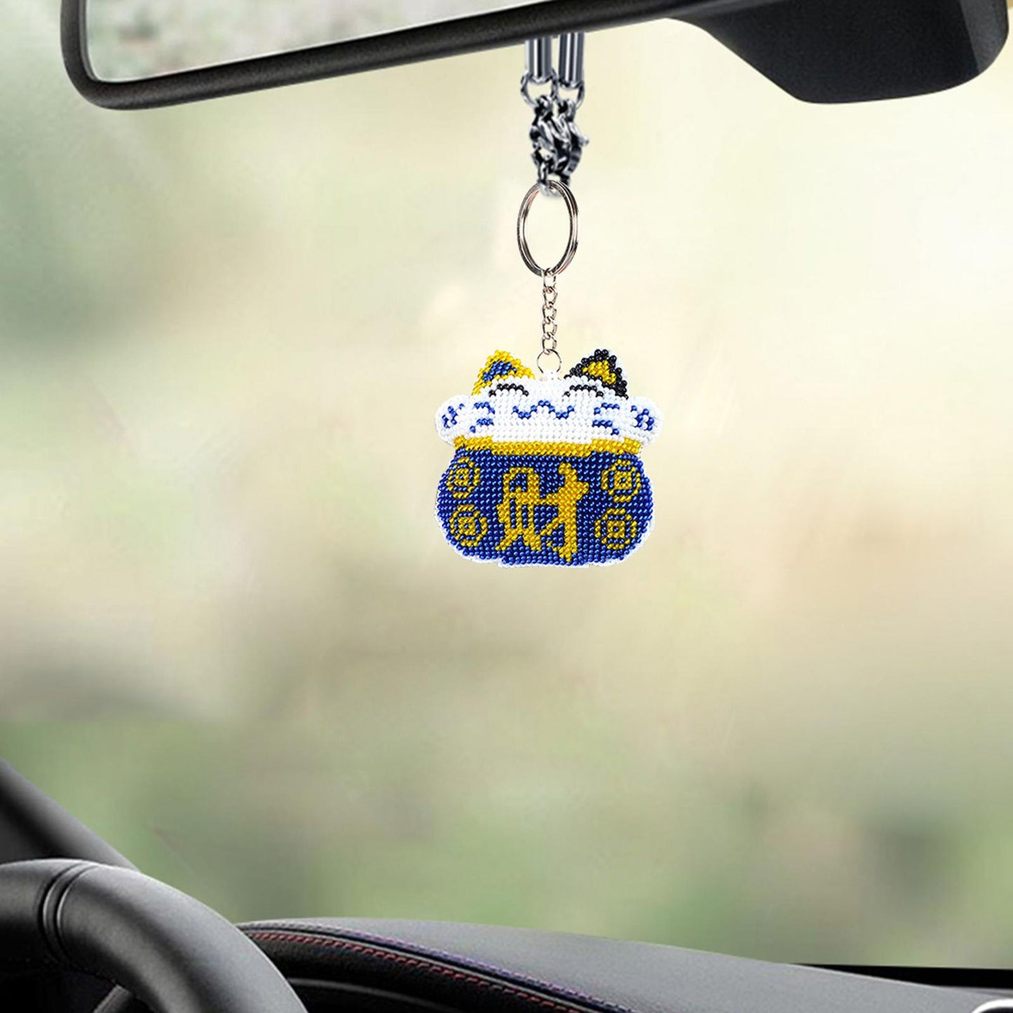 Cross Stitch Key Chain Fortune Cat Embroidery Bead Bag Pendant Handwork (Blue)