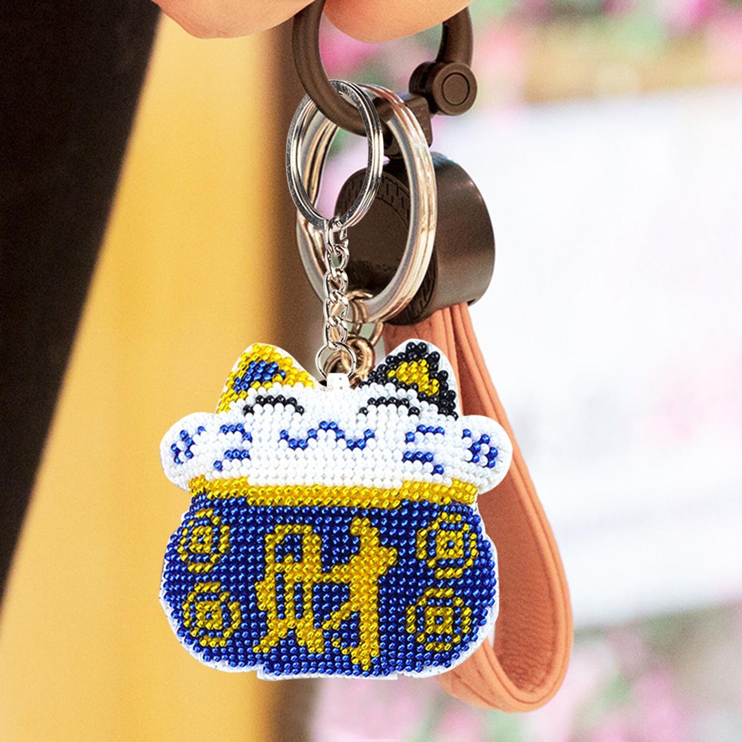 Cross Stitch Key Chain Fortune Cat Embroidery Bead Bag Pendant Handwork (Blue)