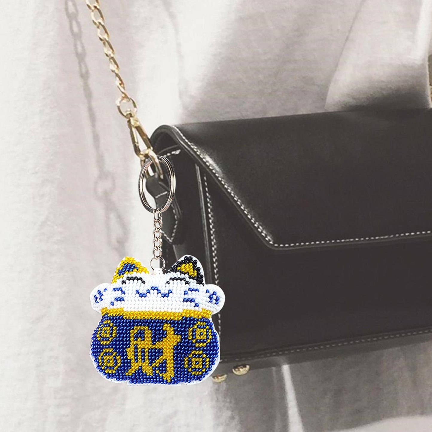 Cross Stitch Key Chain Fortune Cat Embroidery Bead Bag Pendant Handwork (Blue)