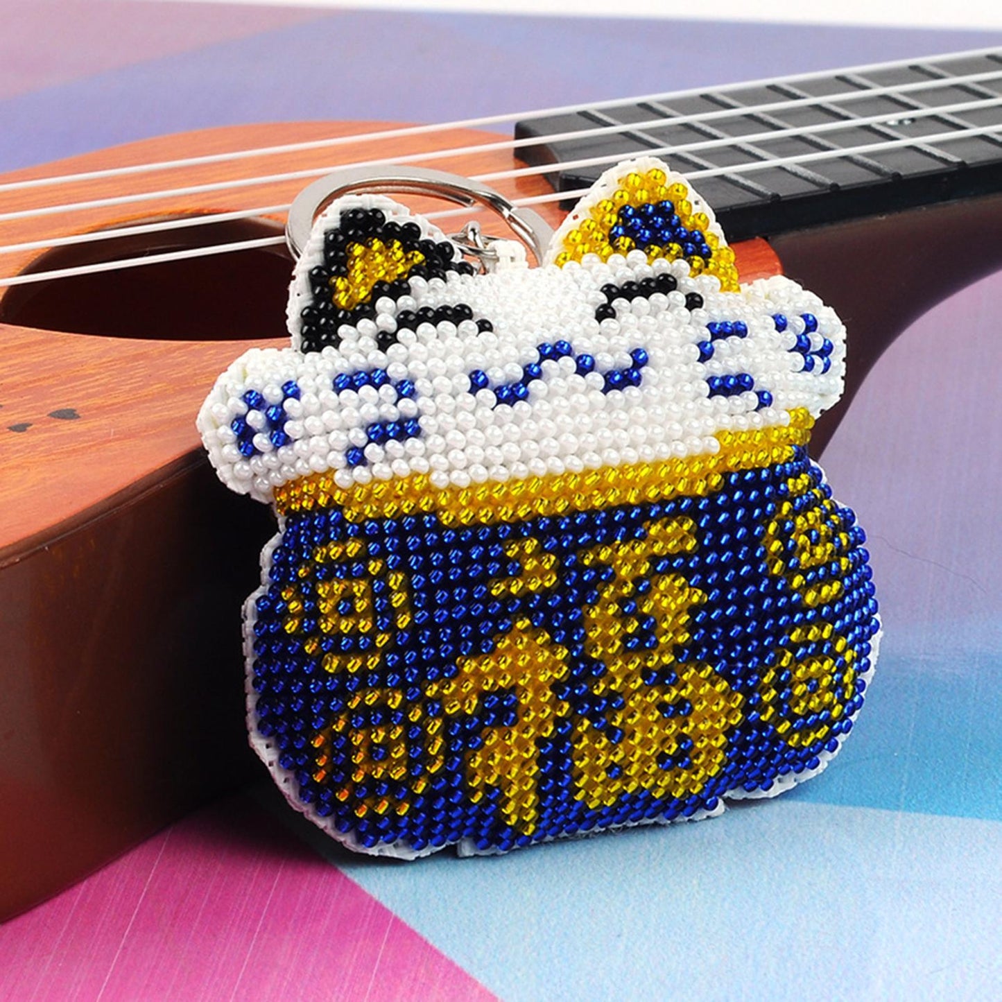Cross Stitch Key Chain Fortune Cat Embroidery Bead Bag Pendant Handwork (Blue)