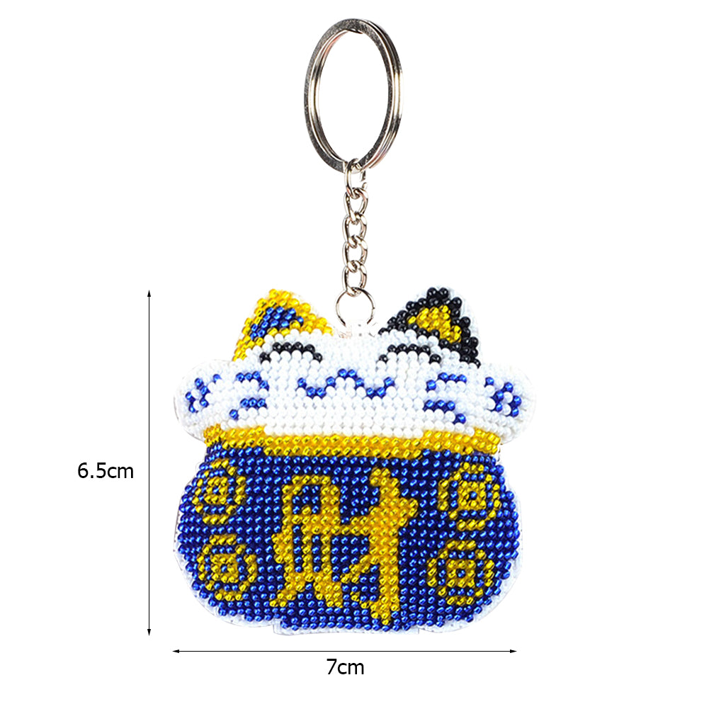 Cross Stitch Key Chain Fortune Cat Embroidery Bead Bag Pendant Handwork (Blue)