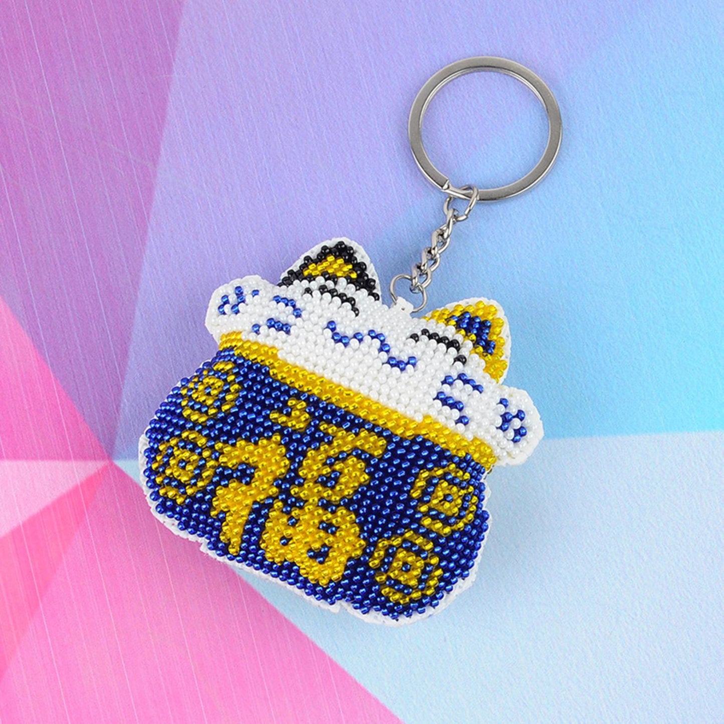 Cross Stitch Key Chain Fortune Cat Embroidery Bead Bag Pendant Handwork (Blue)