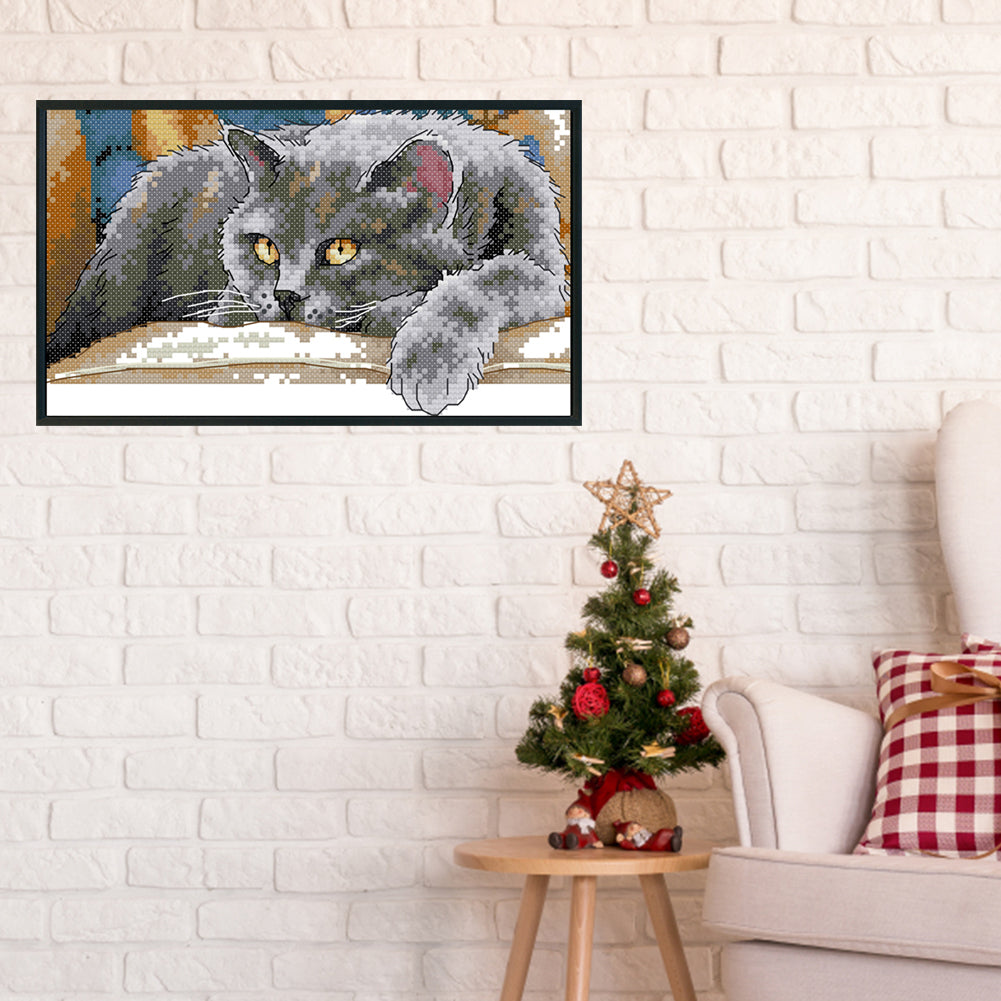 Black Cat - 14CT Stamped Cross Stitch 28x16CM - Joy Sunday