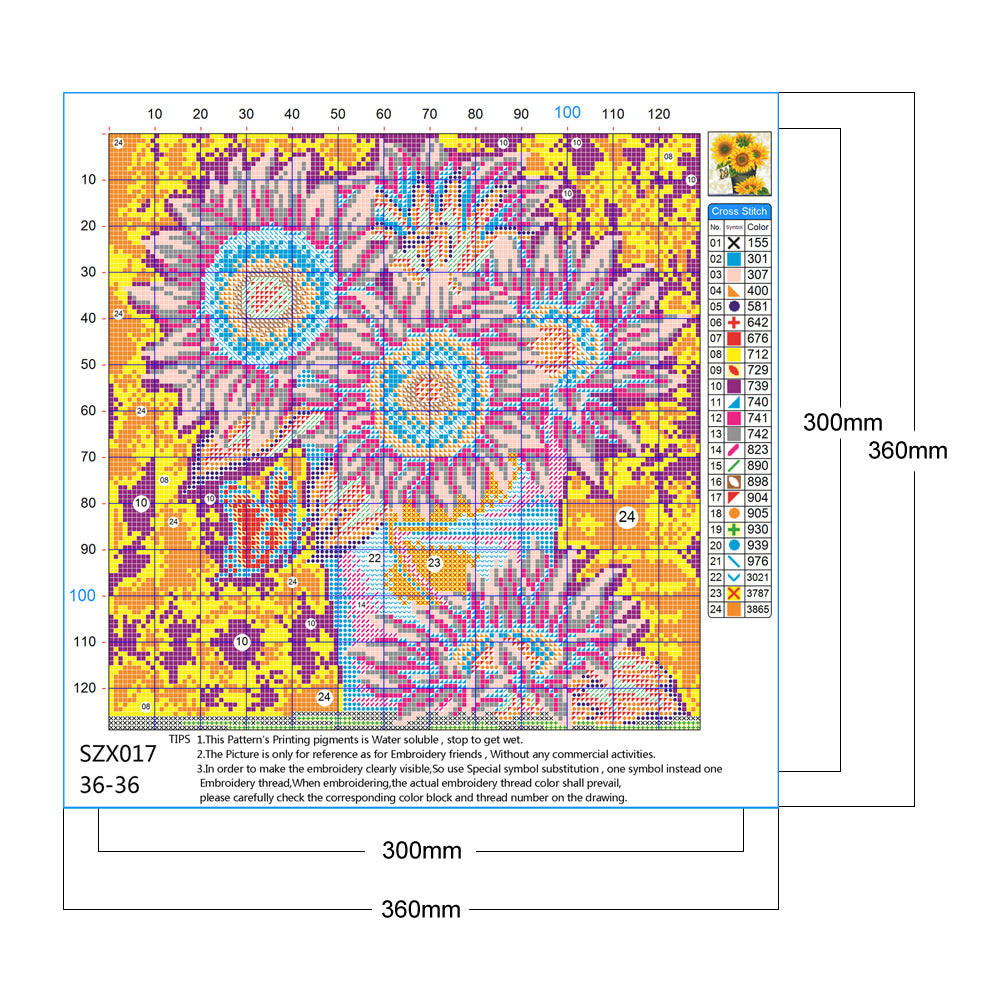 Sunflower - Full 11CT Stamped Cross Stitch 36x36CM - Huacan