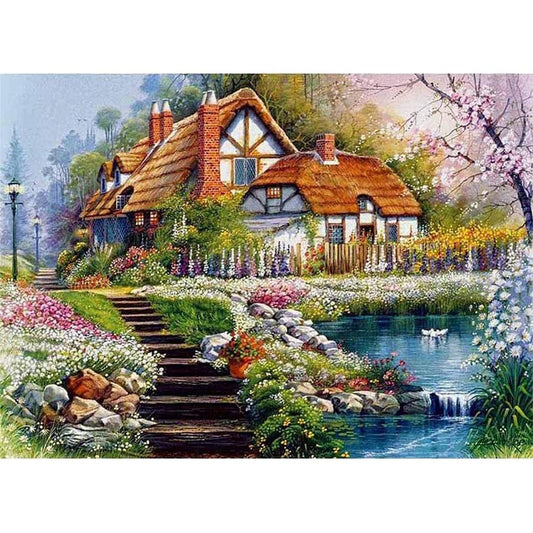 Lakeside Cottage - Full 11CT Stamped Cross Stitch 36x46CM - Huacan