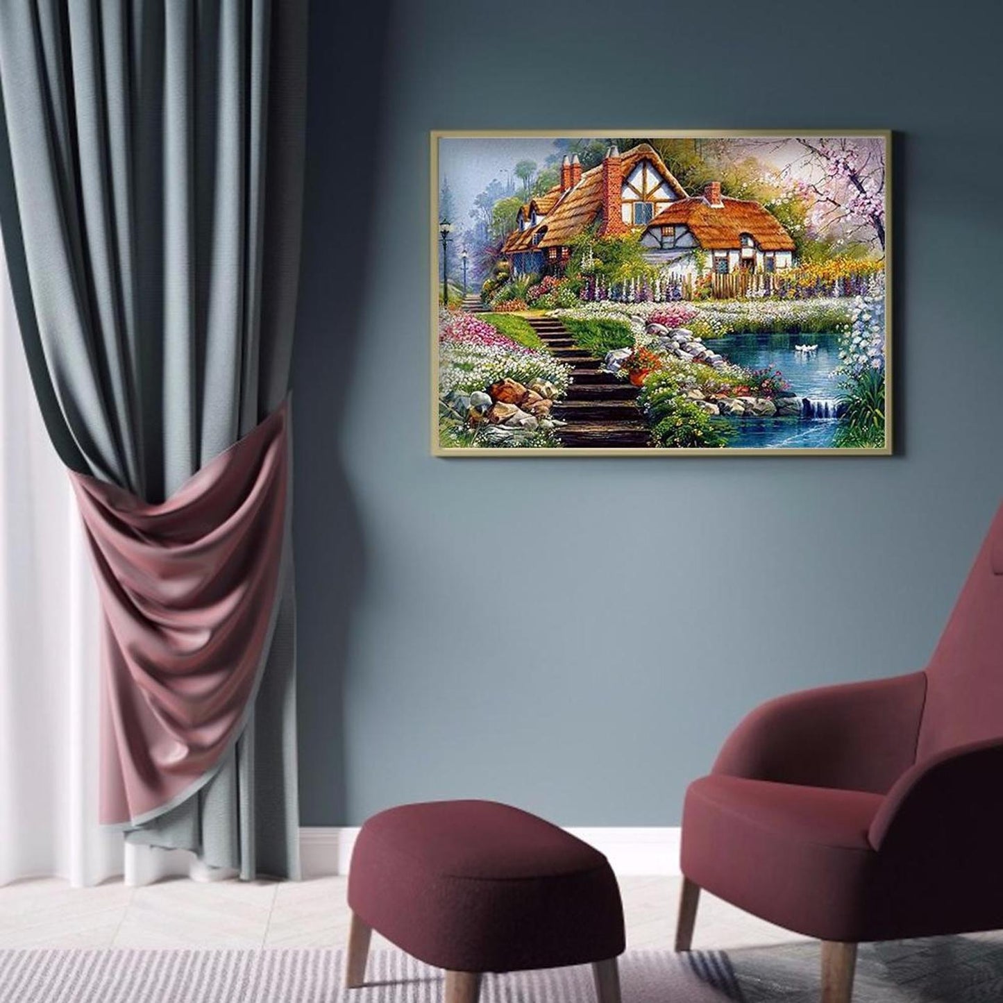 Lakeside Cottage - Full 11CT Stamped Cross Stitch 36x46CM - Huacan