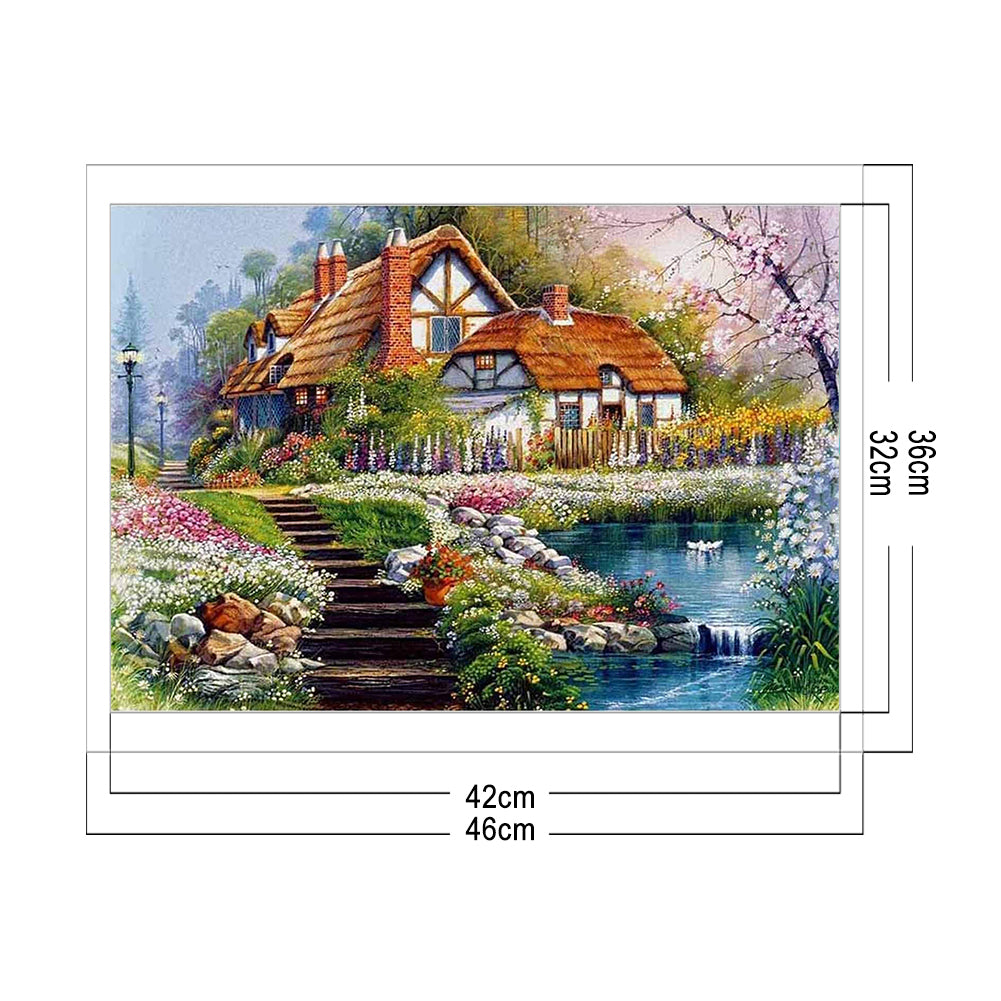 Lakeside Cottage - Full 11CT Stamped Cross Stitch 36x46CM - Huacan