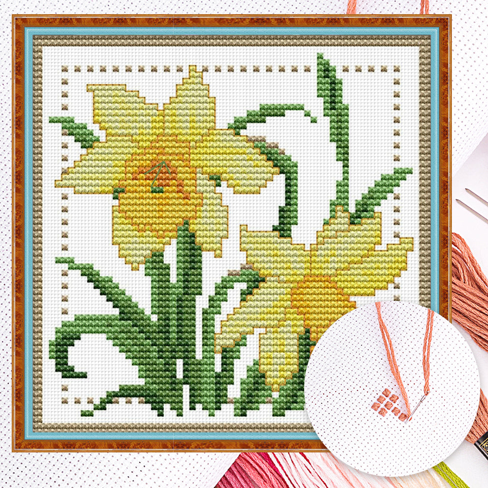 Month Flower - March - Partial 14CT Counted Cross Stitch 17x17CM - Joy Sunday