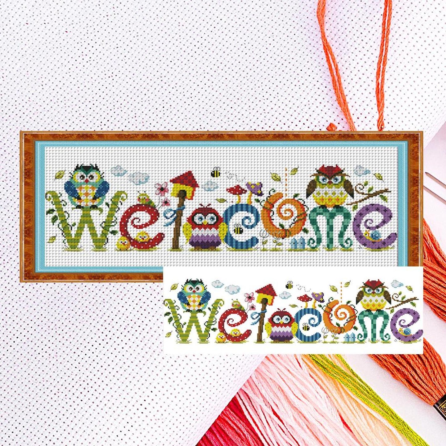Owl Welcome Sign - Partial 14CT Counted Cross Stitch 58x17CM - Joy Sunday
