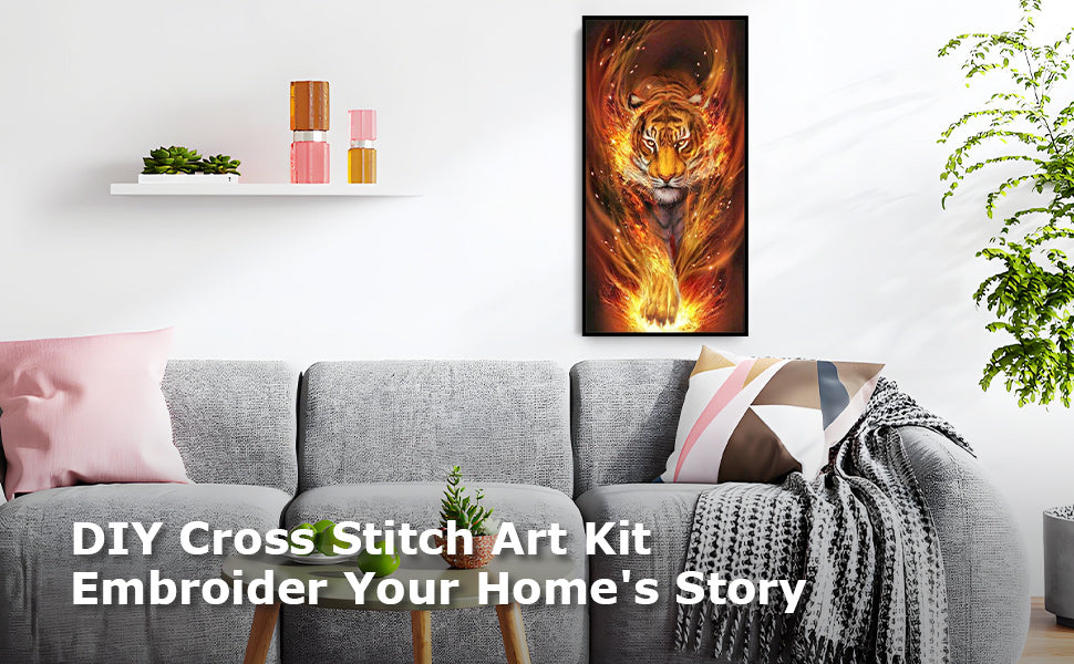 Flame Tiger - Full 11CT Stamped Cross Stitch 40x75CM - Diy