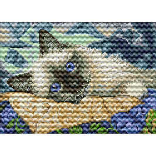 Blue-Eyed Cat - Full 14CT Stamped Cross Stitch 30x21CM - Joy Sunday