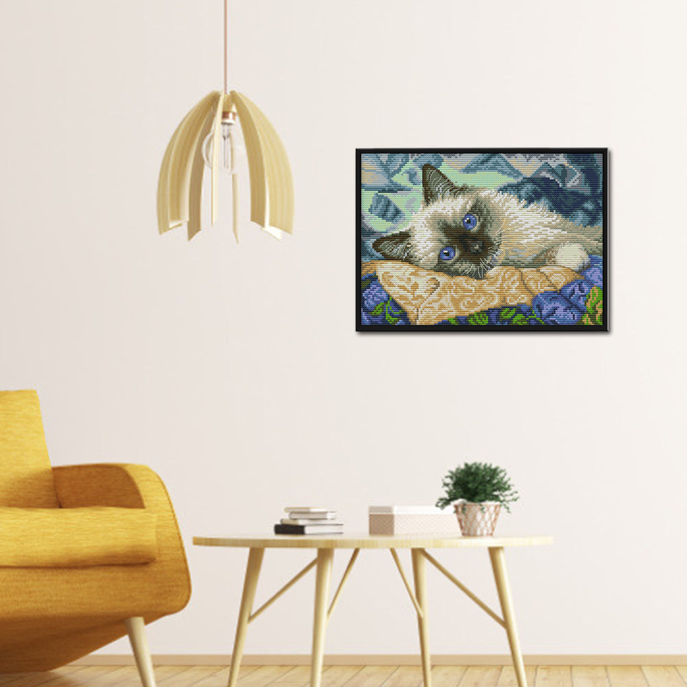 Blue-Eyed Cat - Full 14CT Stamped Cross Stitch 30x21CM - Joy Sunday